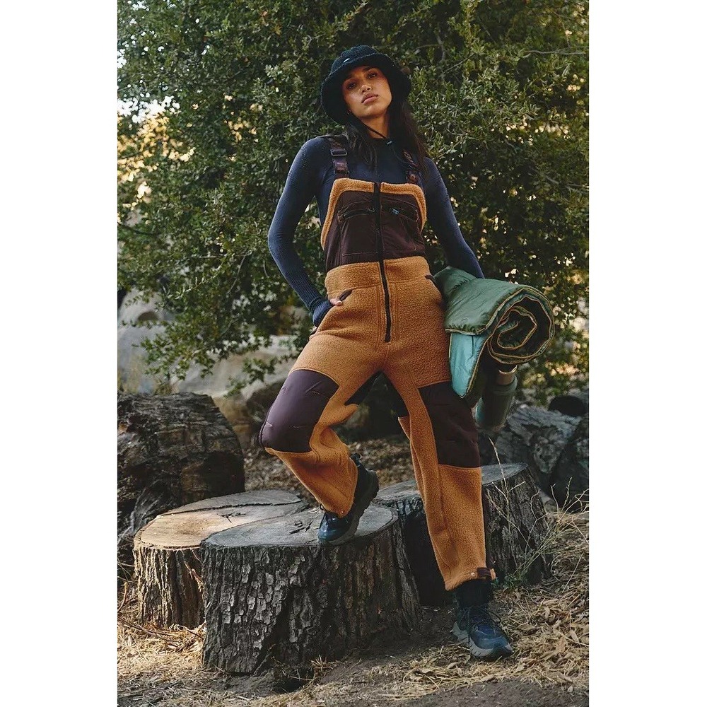 Free People FP Movement Hit the Slopes Fleece Overalls Camel Combo Size XS NWT